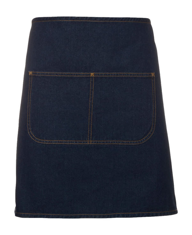 A dark blue denim waist apron featuring a large front pocket and contrasting stitching. It includes a strap.