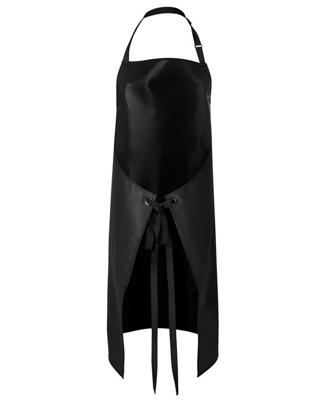 A black vinyl bib apron featuring a tie closure and adjustable straps, designed for workwear use.