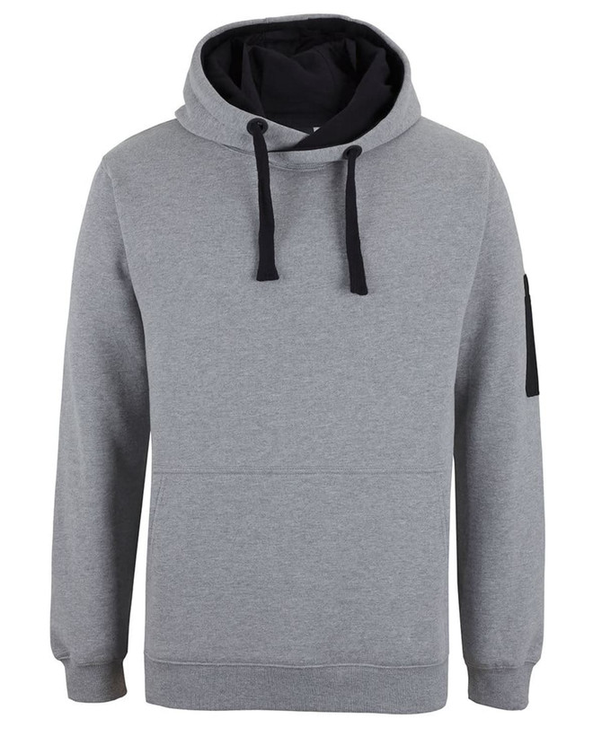 A grey hoodie with a black hood and drawstrings, featuring a logo on the sleeve.