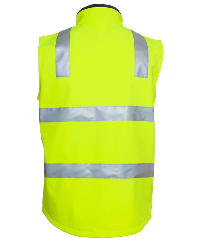 A high-visibility yellow softshell vest with reflective stripes and a logo. Suitable for workwear.