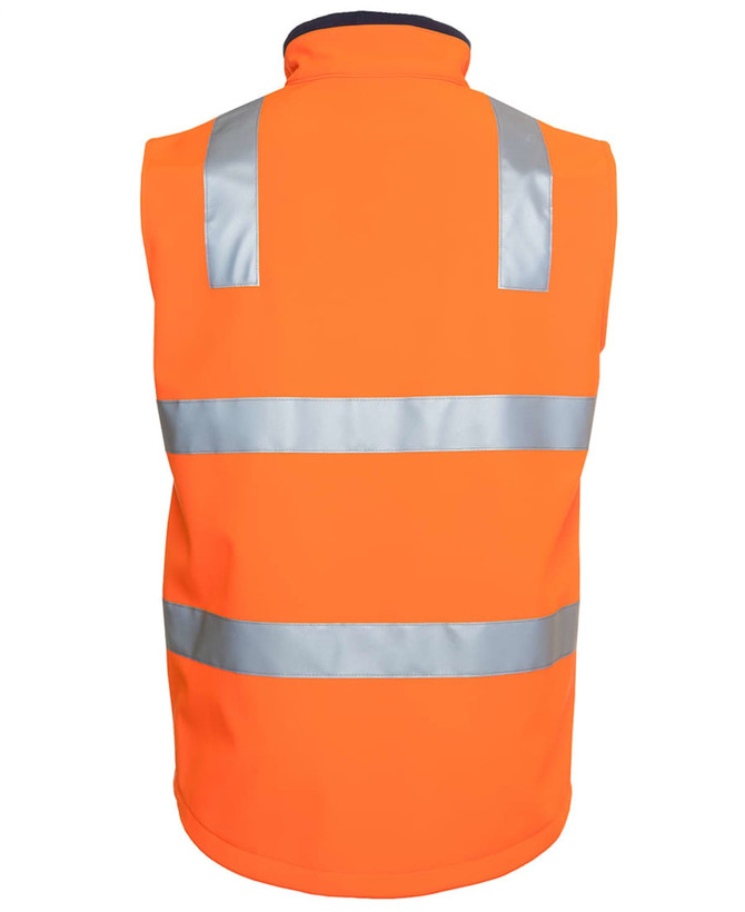 An orange softshell vest featuring reflective strips and a high collar, with a logo on the back.