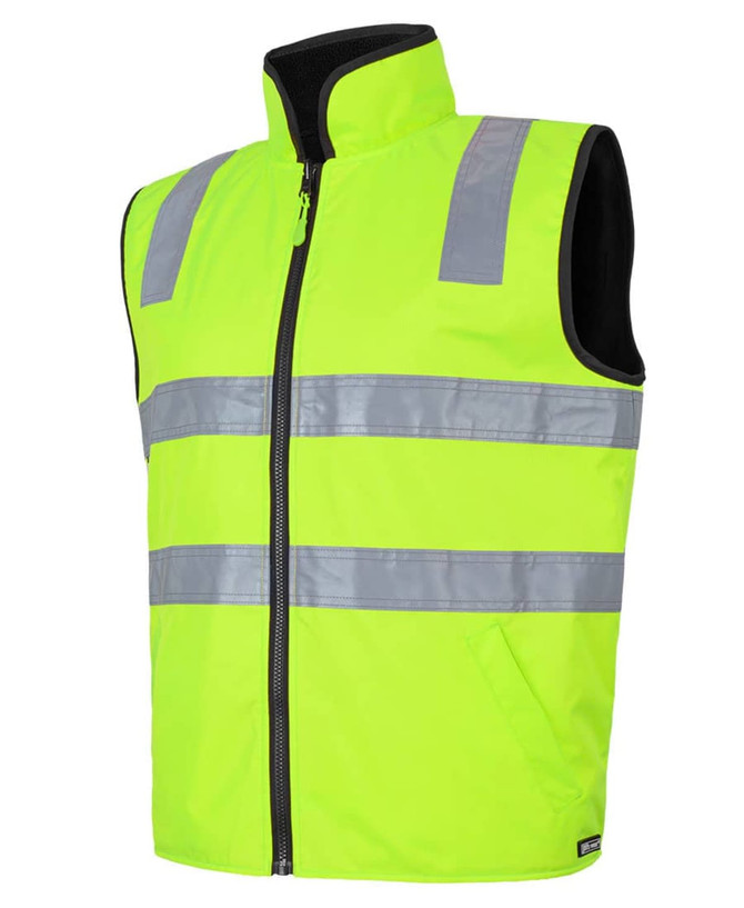 A high-visibility vest in bright yellow with reflective stripes and a zippered front. It features a black collar.