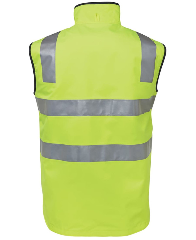 A high-visibility vest in bright yellow with reflective stripes, featuring a collar and a simple design.