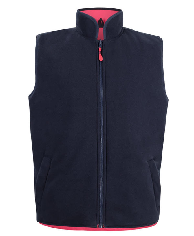A navy vest with a high collar, zip closure, and contrasting red interior, featuring side pockets and a logo.