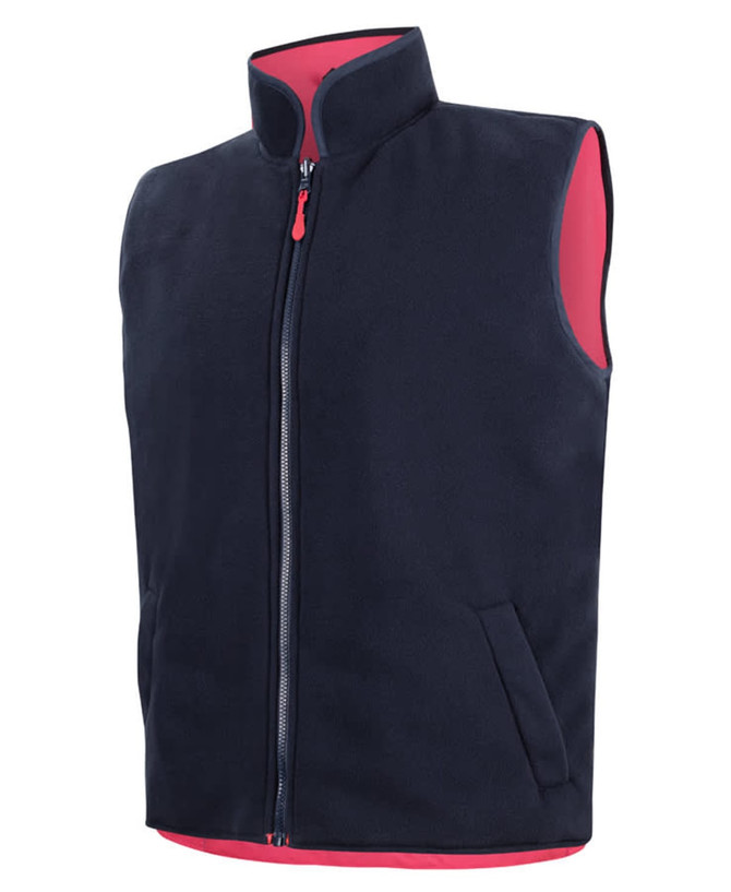 A navy vest with a high collar, featuring a front zipper and pink lining, along with side pockets.