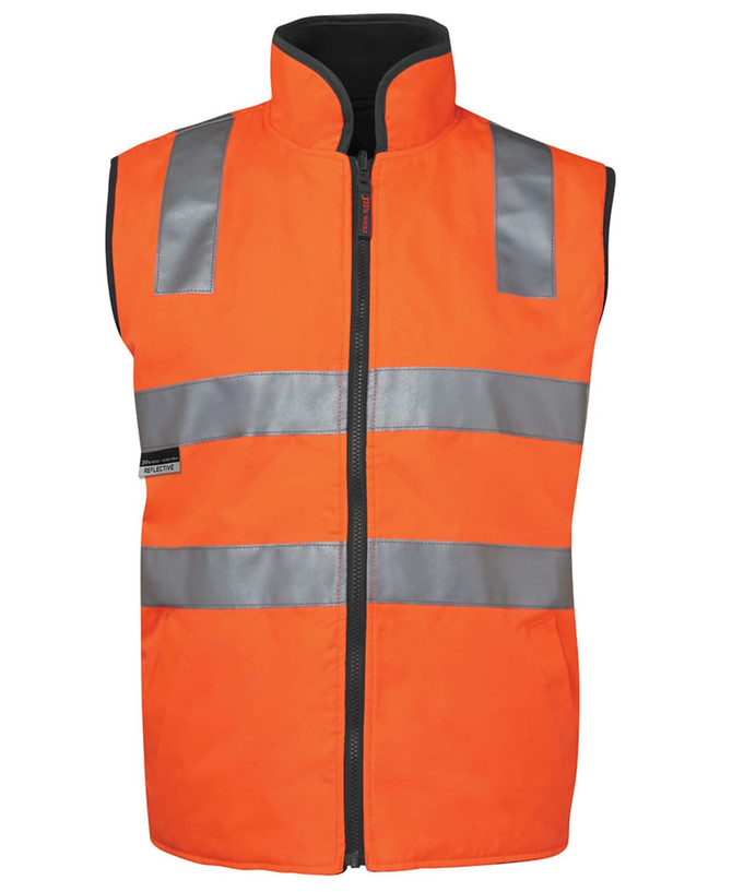 A high-visibility orange vest featuring reflective stripes and a zip closure, suitable for safety wear.