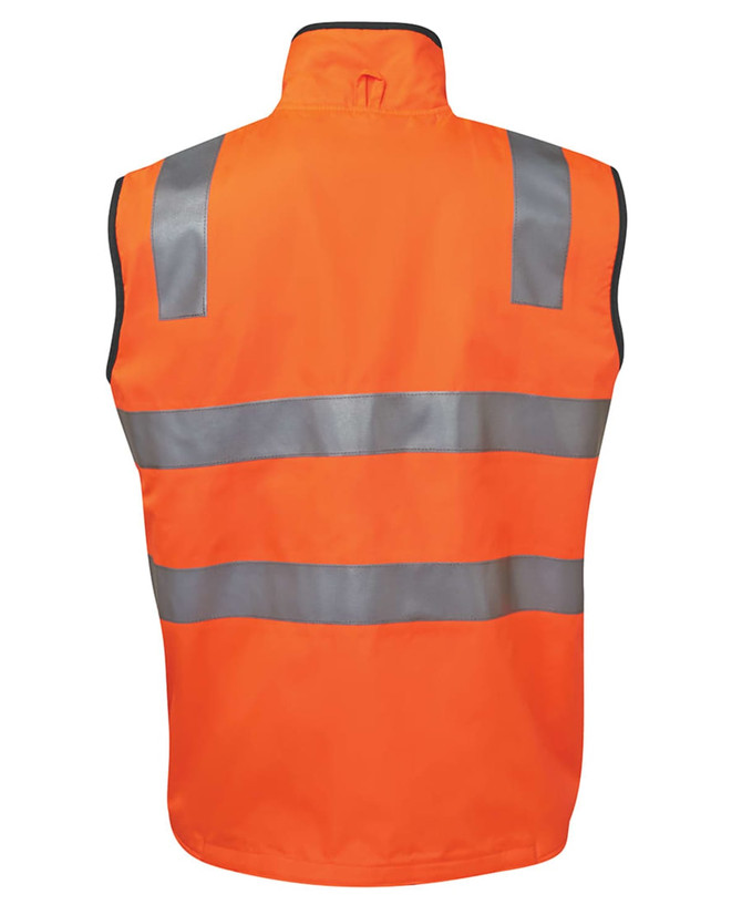 An orange safety vest featuring reflective stripes and a high collar, designed for visibility and protection.