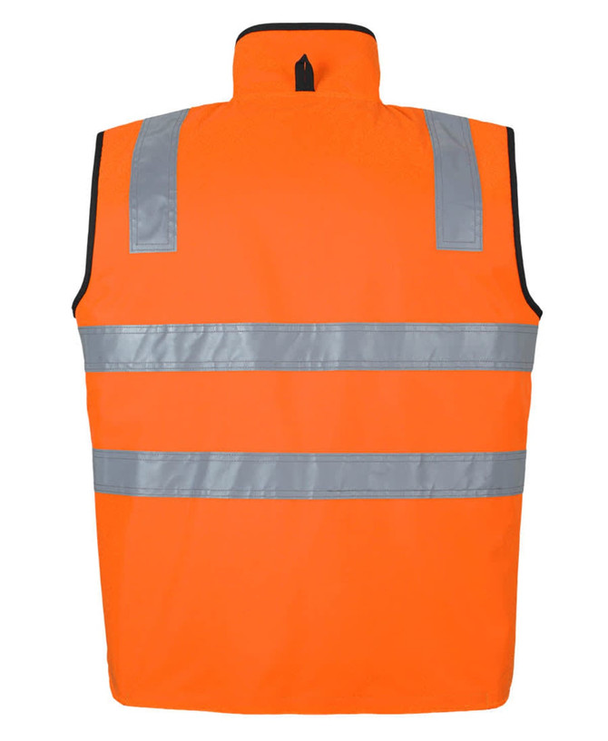 An orange safety vest with reflective silver stripes and a high collar. It features a logo on the back.
