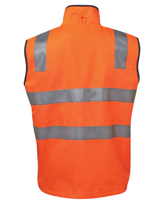 An orange safety vest with silver reflective stripes, featuring a high collar and sleeveless design.