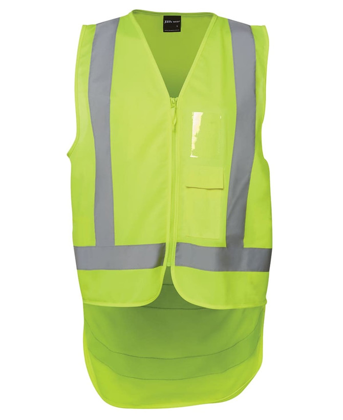 A high-visibility lime work vest featuring reflective stripes and a front pocket, with a zip closure.