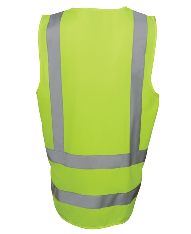 A bright lime work vest with reflective grey stripes and a simple design, featuring a logo on the back.