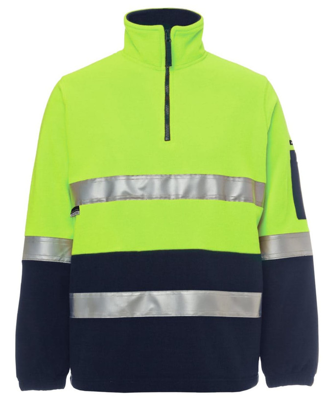 A high-visibility polar fleece jumper in bright yellow and navy, featuring reflective strips and a zippered neck.