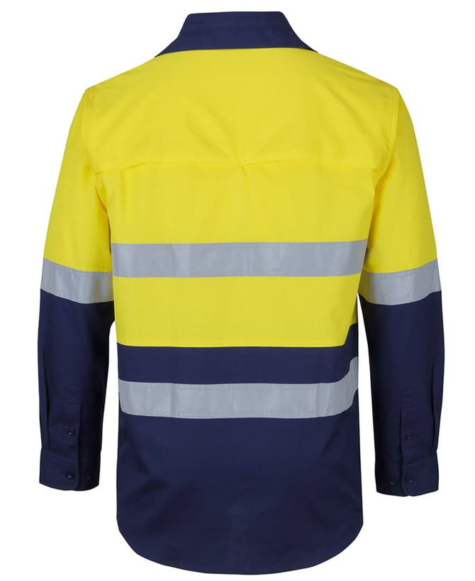 A long-sleeve fishing shirt in bright yellow and navy blue, featuring reflective stripes and a logo.