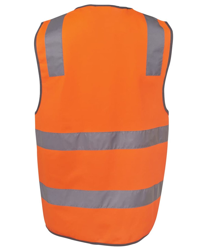 An orange safety vest with reflective stripes and a logo, suitable for high visibility.