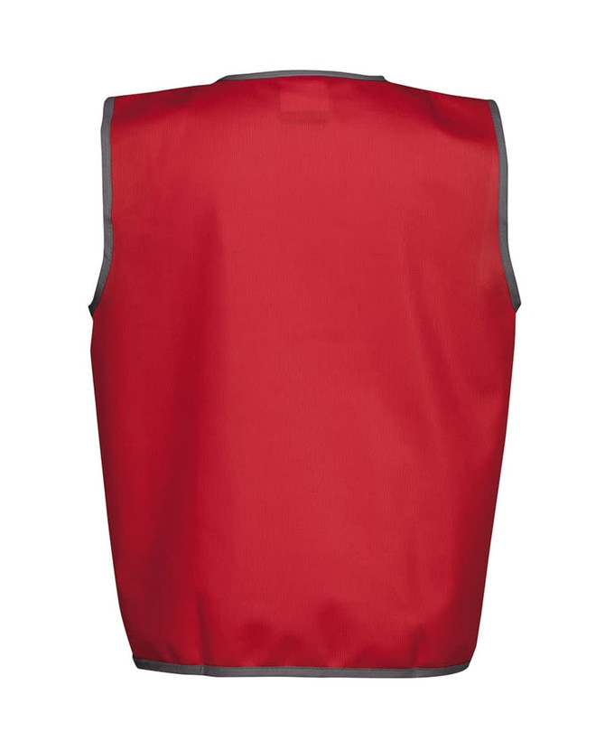 A red tricot sports vest with grey trim, designed for kids, featuring a logo on the back.