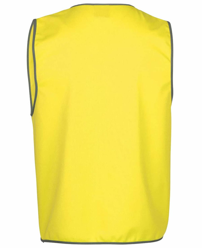 A yellow tricot vest with grey trim, designed as workwear for various applications. Features a branding logo.