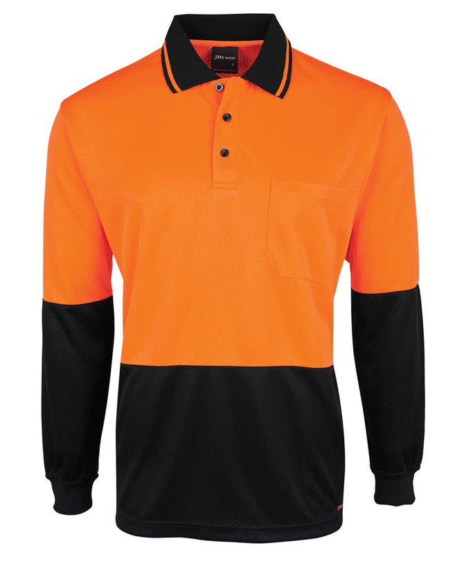 An orange and black long-sleeve polo shirt with a collar and front pocket, featuring a logo on the breast.