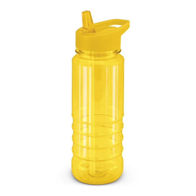 A drink bottle in vibrant yellow with a straw and a flip-top lid, featuring a textured grip design.