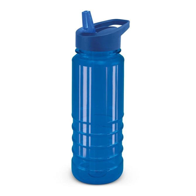 A drink bottle in a vibrant blue hue with a matching lid and a flip-top spout, featuring a logo.
