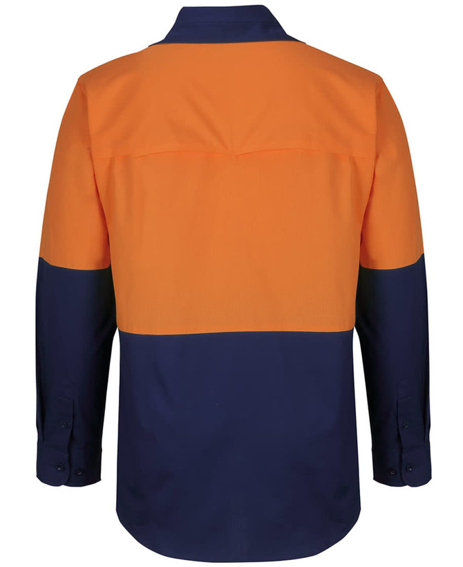 A long-sleeve ripstop fishing shirt featuring orange and navy colours, with a logo on the back.