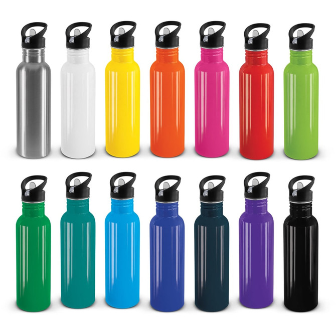 A drink bottle in various colours including silver, white, yellow, orange, pink, green, and more, featuring a logo.
