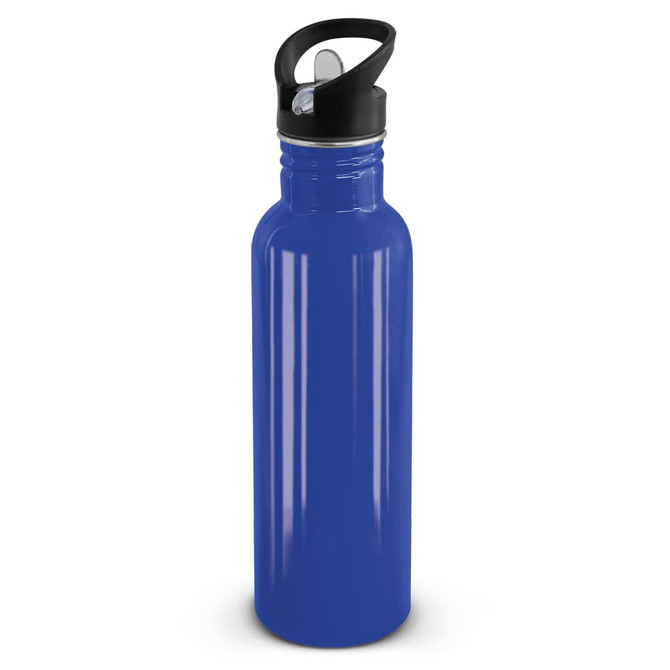 A drink bottle in a vibrant blue color, featuring a black lid with a handle and a flip-top spout.