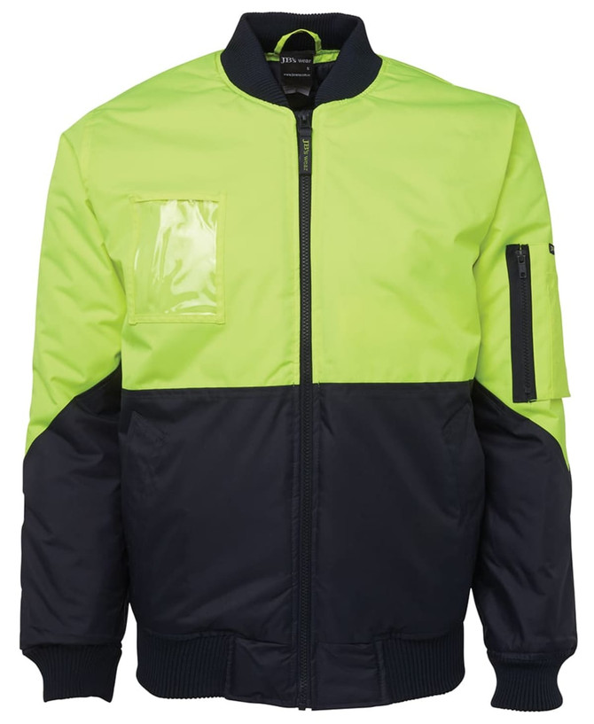 A hi-vis flying jacket in bright yellow and navy, featuring a zip front and multiple pockets. It has a logo branding.