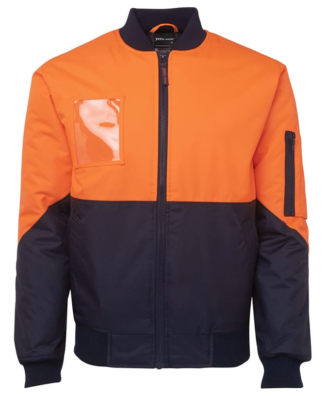 Hi-vis orange and navy work jacket featuring a zip front and a clear pocket on the chest. Includes a branded logo.