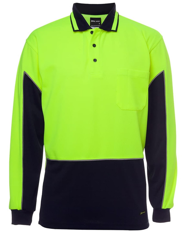 A long-sleeve polo shirt in high visibility yellow and navy, featuring a pocket and a logo.