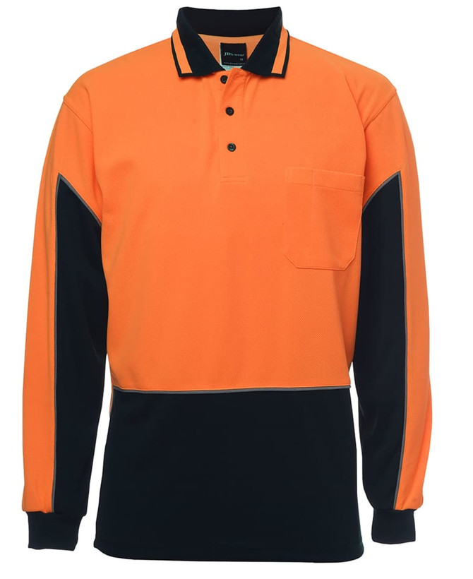 An orange and black long-sleeve polo shirt with a pocket and logo. Suitable for workwear.