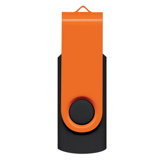 A flash drive featuring an orange and black design, with a swivel cover and circular button.