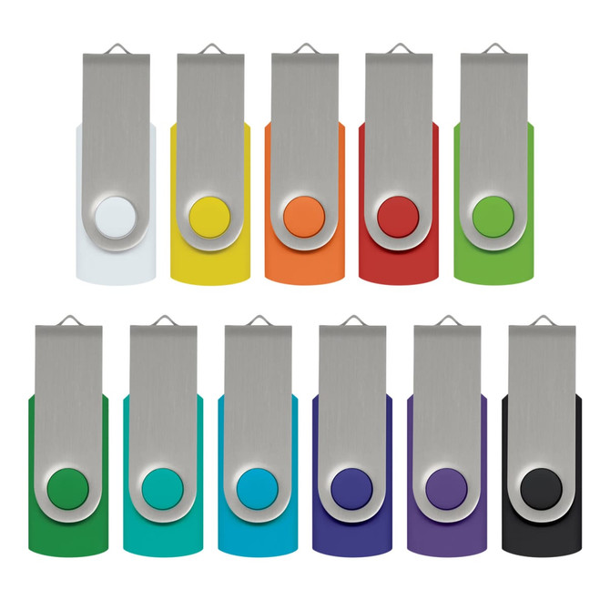 A collection of Helix 4GB Mix & Match Flash Drives in various colours, featuring a metallic clip and a logo.