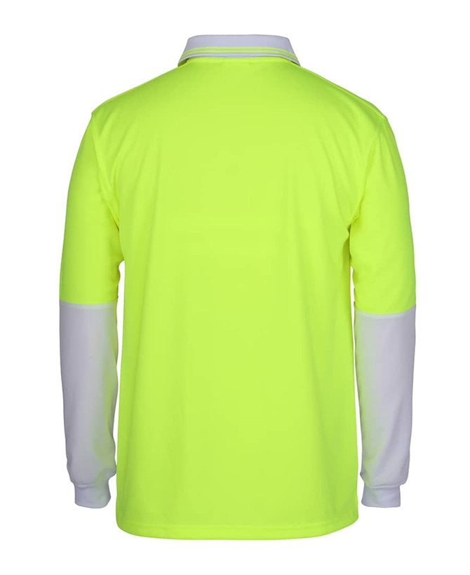 A long-sleeve polo shirt in high visibility yellow with grey sleeves, featuring a logo on the chest.
