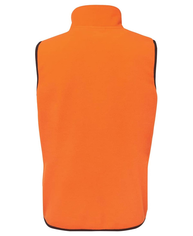 An orange work vest with a high collar and black trim, featuring a logo on the front.