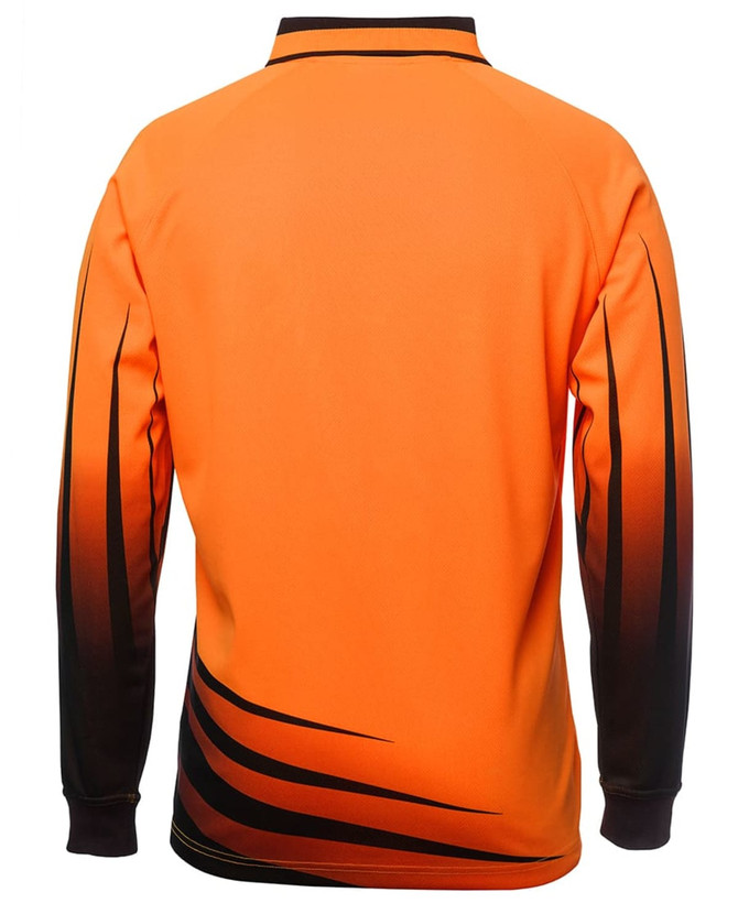 An orange long-sleeve polo shirt with black gradient detailing and a logo on the back.