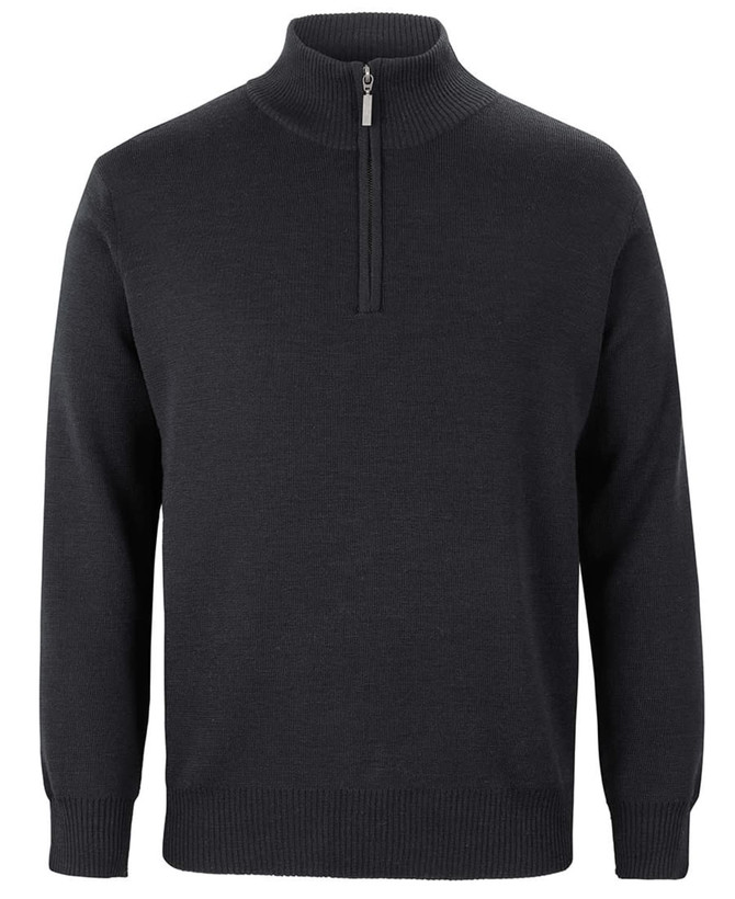 A black men's knitted jumper with a half-zip collar and long sleeves, featuring a subtle logo.