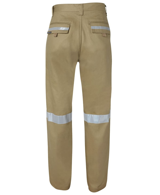 Work trousers in khaki with reflective tape on the legs. Features pockets and a logo on the back.