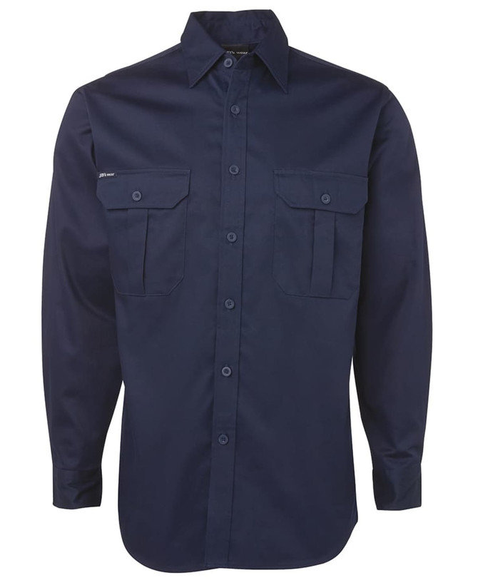 A navy work shirt with a collar, two chest pockets, and a logo on the sleeve.