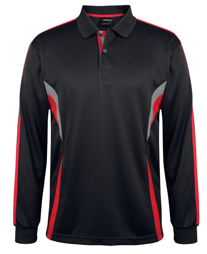 A black and red long-sleeve polo shirt with a structured design and a logo.