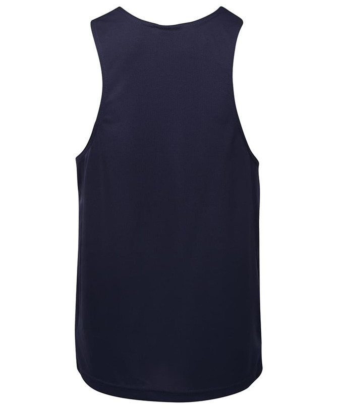 A navy blue Podium Poly Singlet featuring a sleeveless design and a logo on the back.