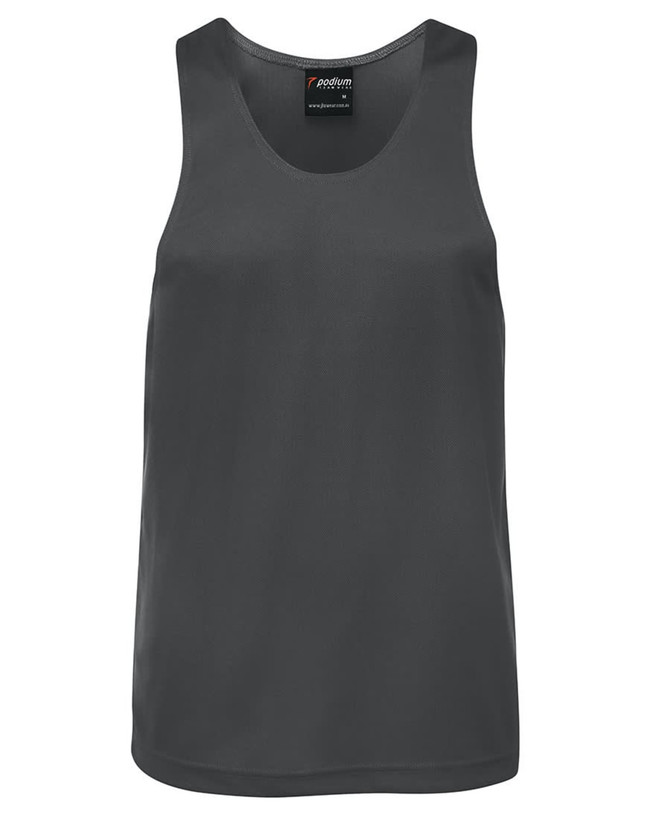 A dark grey singlet with a sleek design and a logo label at the neckline.