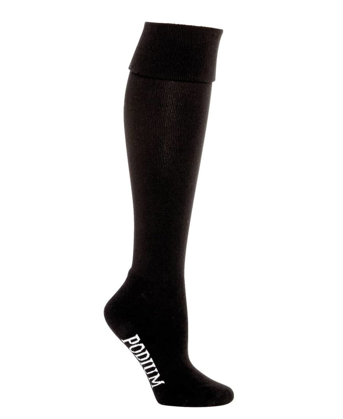A black sports sock featuring a logo, designed with a knee-high length for athletic use.