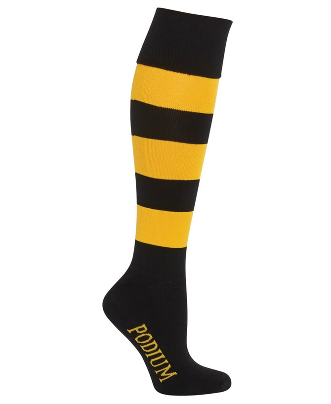 A black and yellow striped knee-high sock featuring a branding logo.