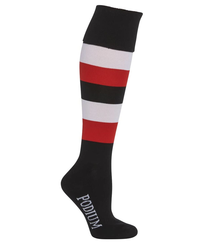 A pair of black sport socks featuring red, white, and black stripes with a logo on the side.