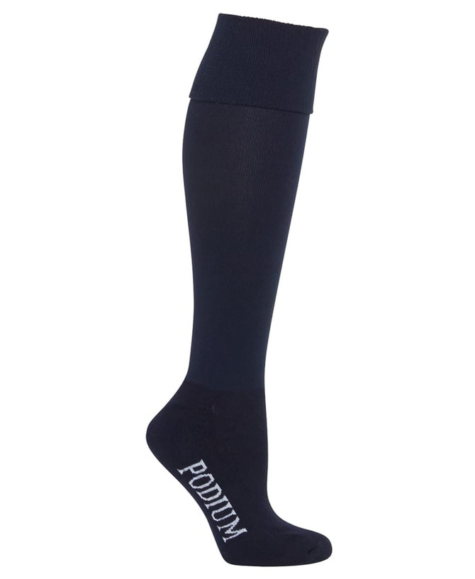 A sports sock in navy blue featuring a branding logo, designed for athletic wear.