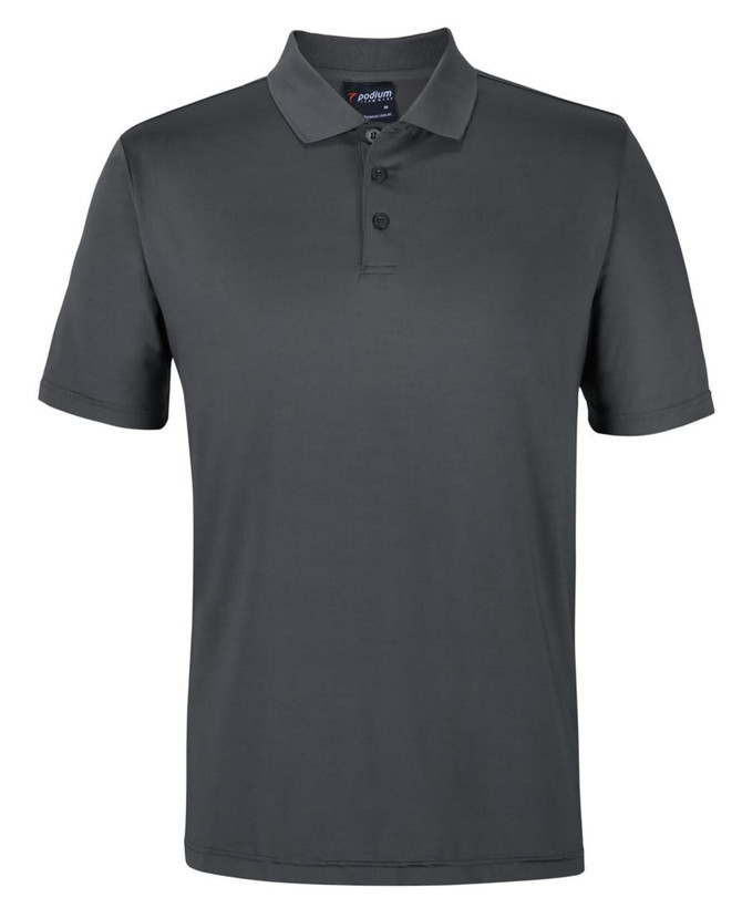 A dark grey polo shirt with a collar and three buttons, featuring a branding logo on the inside.