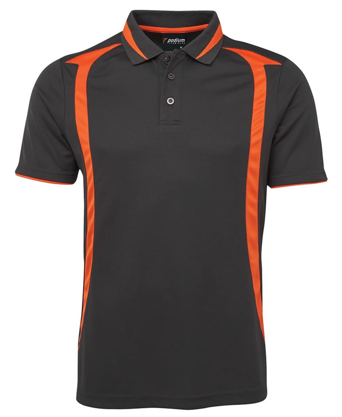 A black polo shirt featuring orange accents and a branded logo on the collar.