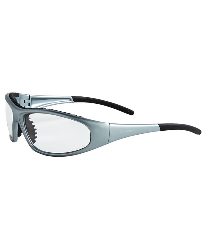 Safety glasses in clear with grey frames and black rubber earpieces, featuring a logo on the side.