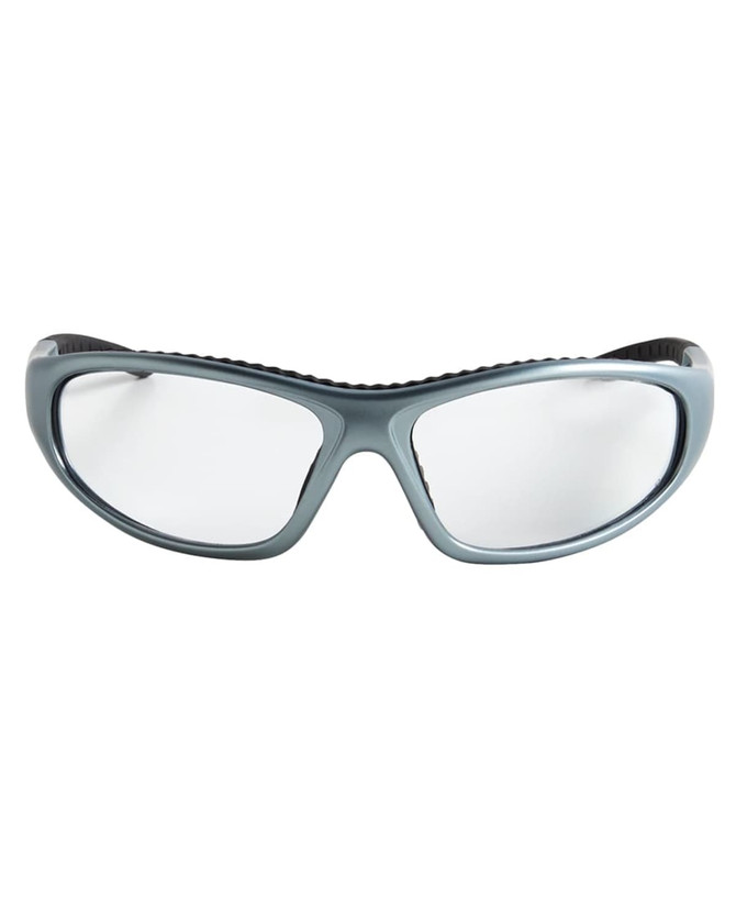 Sunglasses with a grey frame and clear lenses, featuring a textured design and a logo on the side.