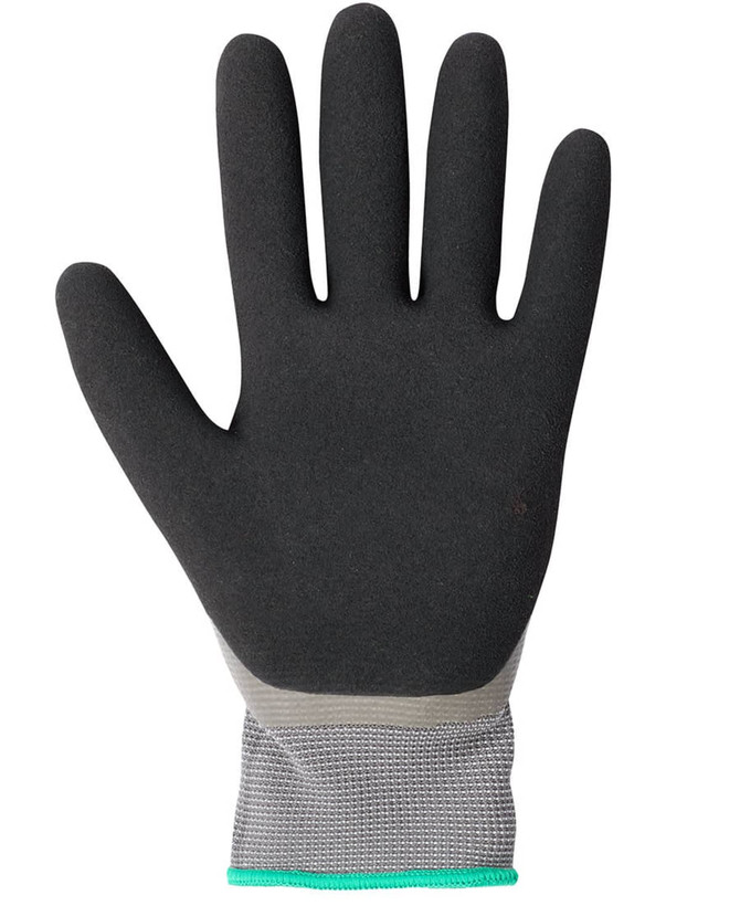 A grey and black waterproof glove with a double latex coating, featuring a textured palm.